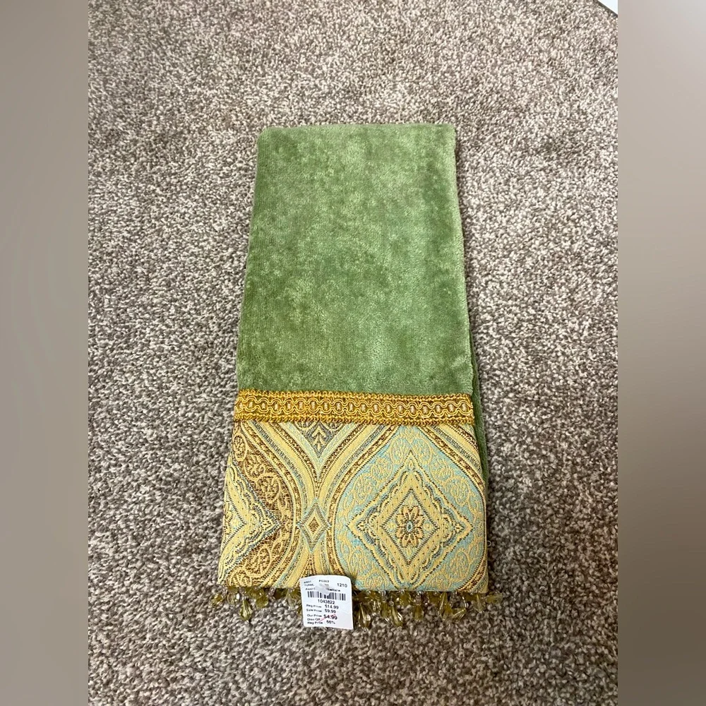 Sherry Kline Cotton Sage Green Beaded Embellished Hand Towel NWT